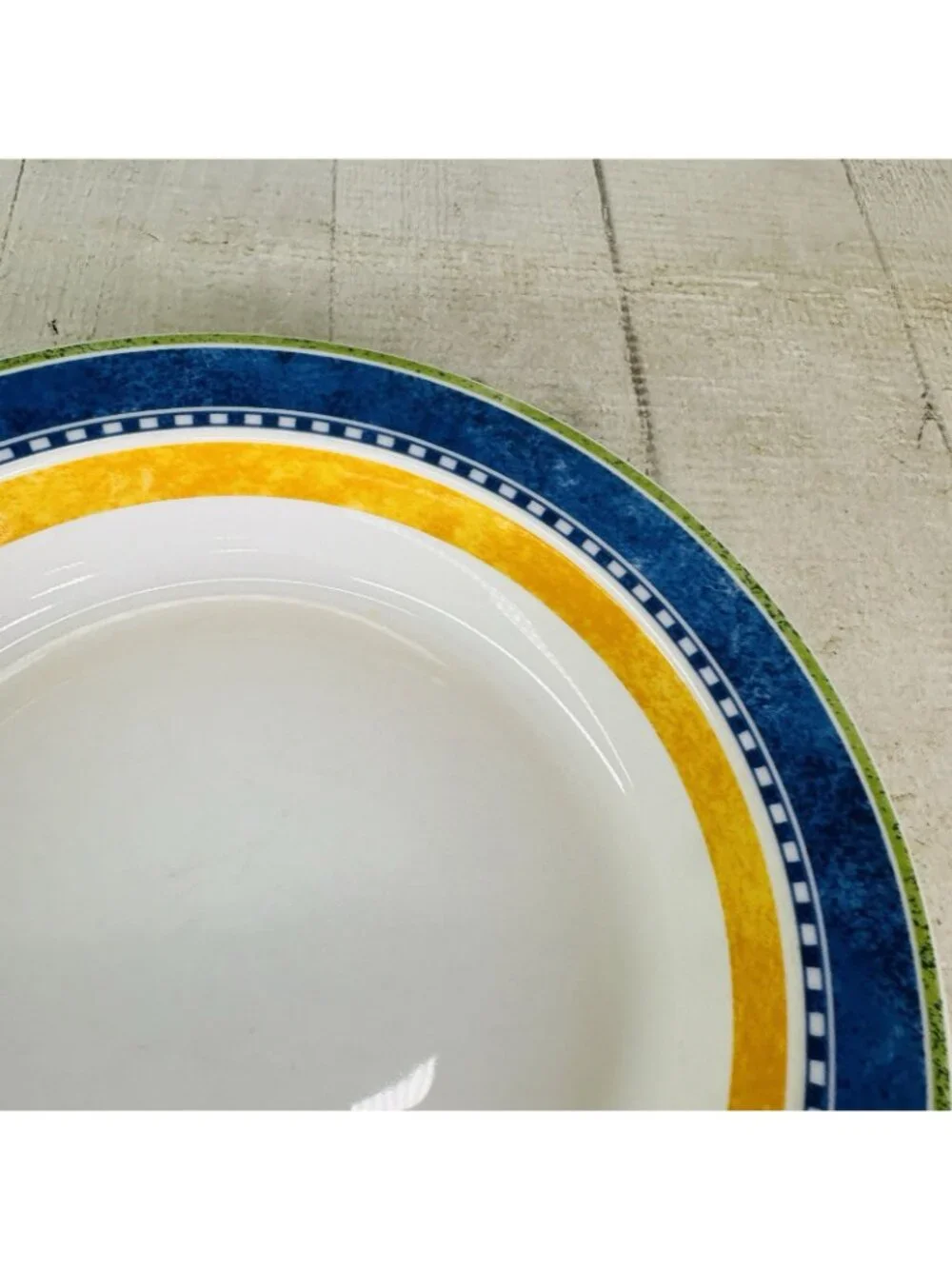 Dansk Bistro KOBENHAVN Blue Yellow Band Smooth Green Trim Rimmed Soup Bowl Set 4